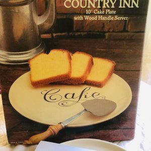 Country Inn 10" Heavy Cake Plate with Wood Handle Server-Vintage/New in Open Box